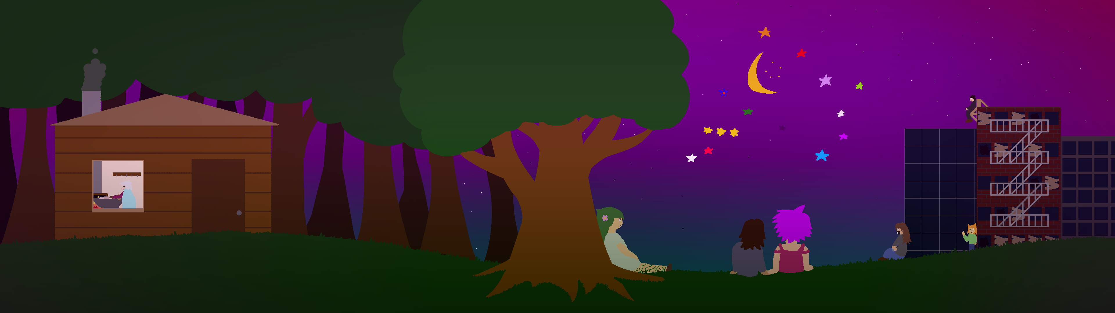 A forest on the left and a city on the right, with a cast of characters all looking at the stars and moon above in the night sky