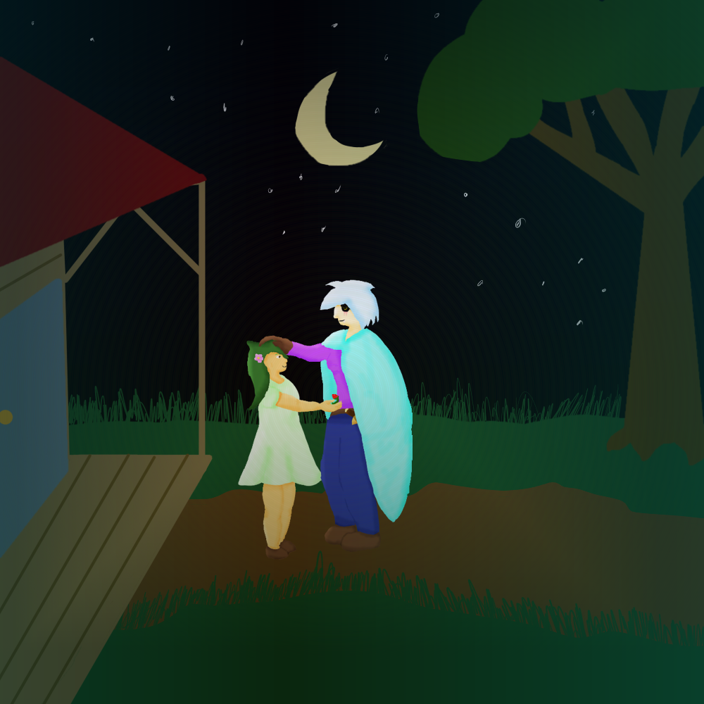 A little girl with green hair holding a strawberry to a maternal figure giving her head pats